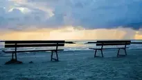 Benches Bank Sunrise background wallpaper