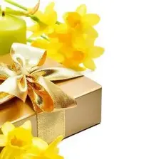 Daffodils with Gift and Candle Background. Add your photos (1832x2000px)