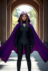 Woman Purple Cloak Black Jumpsuit Cosplay Costume face swap
