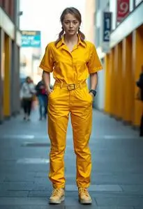 Yellow Jumpsuit April Neil Costume face swap