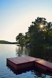 Dock Lake Sunny Tree Sunlight phone wallpaper