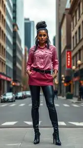 Woman Fashion Hot Pink Button Down Shirt Top Woolen Messy Bun Black Hairstyle face swap