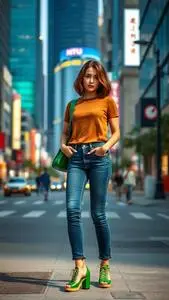 Woman Fashion Green Mom Jeans Bottom A Line Bob Brunette Hairstyle face swap