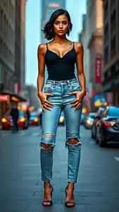 Woman Fashion Honey Mom Jeans Bottom Wolf Cut Black Hairstyle face swap