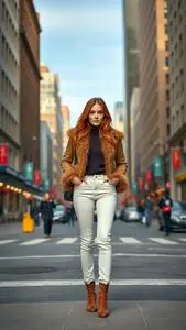 Woman Fashion Ivory Mom Jeans Bottom Feathered Layers Red Hairstyle face swap