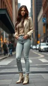 Woman Fashion Ivory Mom Jeans Bottom Long Layers Brunette Hairstyle face swap