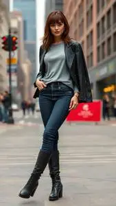 Woman Fashion Jet Black Mom Jeans Bottom Soft Notched Bangs Brunette Hairstyle face swap