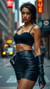 Woman Fashion Midnight Blue Leather Shorts Bottom Wolf Cut Black Hairstyle face swap