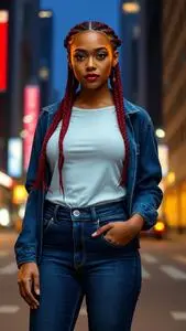 Woman Fashion Midnight Blue Mom Jeans Bottom Dutch Braids Red Hairstyle face swap