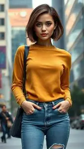 Woman Fashion Mustard Mom Jeans Bottom Pixie Bob Hybrid Brunette Hairstyle face swap