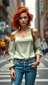 Woman Fashion Pistachio Mom Jeans Bottom French Twist Red Hairstyle face swap