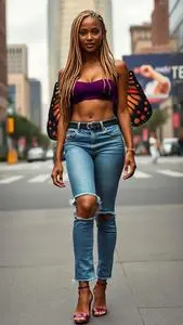 Woman Fashion Royal Blue Mom Jeans Bottom Butterfly Locs Blonde Hairstyle face swap
