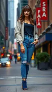 Woman Fashion Royal Blue Mom Jeans Bottom Baby Bangs Brunette Hairstyle face swap