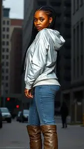 Woman Fashion Silver Hoodie Top Poetic Justice Braids Black Hairstyle face swap