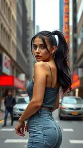 Woman Fashion Silver Mom Jeans Bottom Clip In Ponytail Black Hairstyle face swap