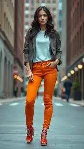 Woman Fashion Tangerine Mom Jeans Bottom Wavy Black Hairstyle face swap