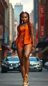 Woman Fashion Tangerine Vest Top Poetic Justice Braids Red Hairstyle face swap