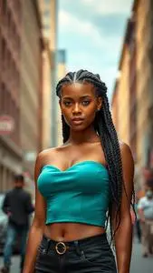 Woman Fashion Teal Bustier Top Poetic Justice Braids Brunette Hairstyle face swap