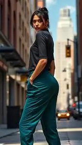 Woman Fashion Teal Track Pants Bottom Fade Black Hairstyle face swap