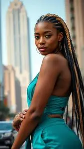 Woman Fashion Turquoise Jumpsuit Bottom Poetic Justice Braids Blonde Hairstyle face swap