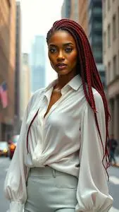 Woman Fashion White Chiffon Blouse Top Poetic Justice Braids Red Hairstyle face swap