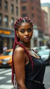 Woman Fashion Wine Mod Shift Top Poetic Justice Braids Red Hairstyle face swap