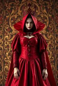 evil red dress dark evil queen sitting on a luxurious throne,dark boho, Princess in red dress , vampire , hip toning , creative color,dark boho Stock Photo