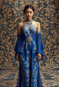 chinese dress ladies Royal Blue Sequin Sheer Bishop Sleeve Designer Long Train Prom Dress main image 1