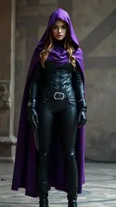 Woman Purple Cloak Black Jumpsuit Cosplay Costume face swap