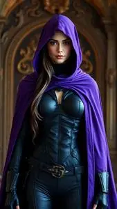 Woman Purple Cloak Black Jumpsuit Cosplay face swap