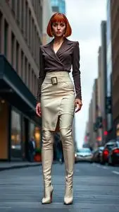 Woman Fashion Vanilla Wrap Skirt Blunt Bob Red Hairstyle face swap