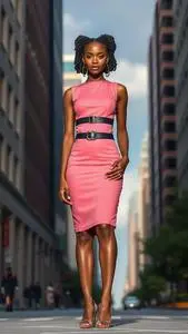 Woman Fashion Watermelon Victorian Dress Bantu Knots Brunette Hairstyle face swap