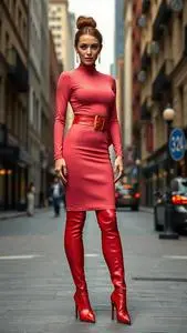 Woman Fashion Watermelon Victorian Dress Low Bun Red Hairstyle face swap
