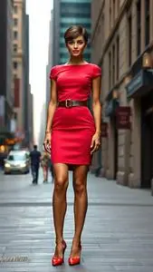 Woman Fashion Watermelon Victorian Dress Pixie Cut Brunette Hairstyle face swap