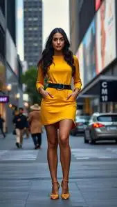 Woman Fashion Yellow Shirtdress Face Framing Layers Black Hairstyle face swap