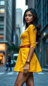 Woman Fashion Yellow Shirtdress Face Framing Layers Black Hairstyle face swap