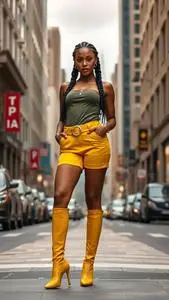 Woman Fashion Yellow Bermuda Shorts Milkmaid Braids Black Hairstyle face swap