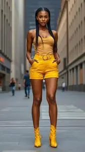 Woman Fashion Yellow Bermuda Shorts Milkmaid Braids Black Hairstyle face swap