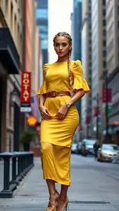 Woman Fashion Yellow Flutter Sleeve Dress Milkmaid Braids Blonde Hairstyle face swap