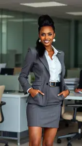 Woman Office Secretary Gray Blazer White Blouse Mini Skirt Faux Hawk Hairstyle