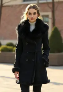 Black Faux Fur Trim Vintage Style Coat