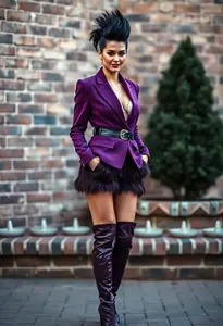 Fashion Model Woman Purple Blazer Furry Shorts Faux Hawk Black Hairstyle
