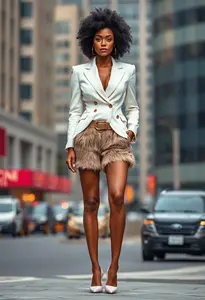 Fashion Model Woman White Blazer Furry Shorts Afro Black Hairstyle