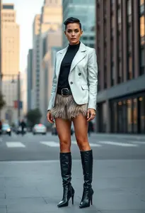 Fashion Model Woman White Leather Blazer Fur Shorts Undercut Black Hairstyle