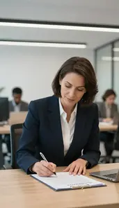Contemporary Woman Signing Contract In Modern Office With Contemporary Interior