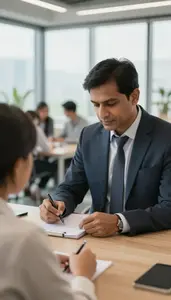Office Man Writing Notes In Business Center With Contemporary Interior