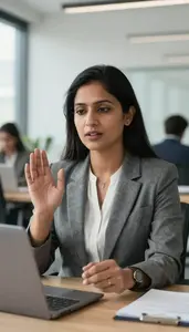 Professional Woman Video Conferencing In Startup Office With Contemporary Interior
