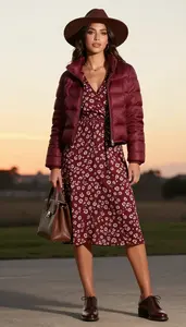 Elegant Woman Floral Midi Dress Standing With Confident Posture