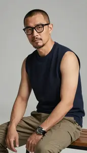 Stylish Man Wearing Sleeveless Shirt Studio