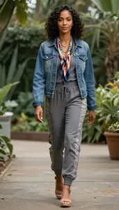 Stylish Woman Wearing Athletic Top And Joggers Nature